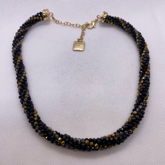 Anne Klein Necklace Signed Hangtag Vintage Black & Gold Tone Beaded Crystal Tube - Picture 3 of 5